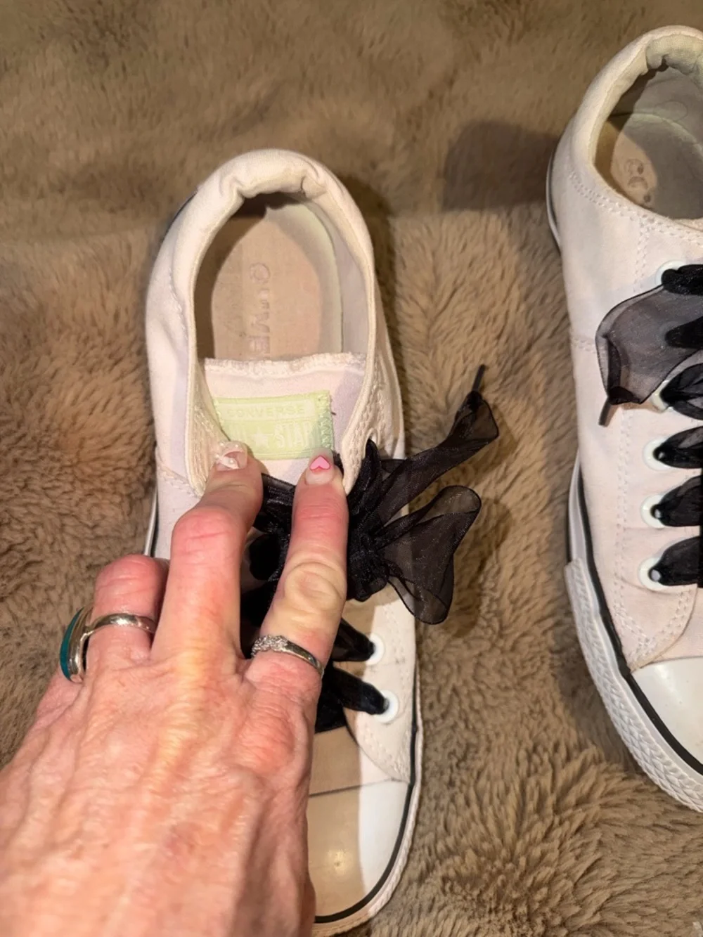 Converse Women’s Low Top Canvas Sneakers in White with Black Ribbon Laces - Picture 2 of 7